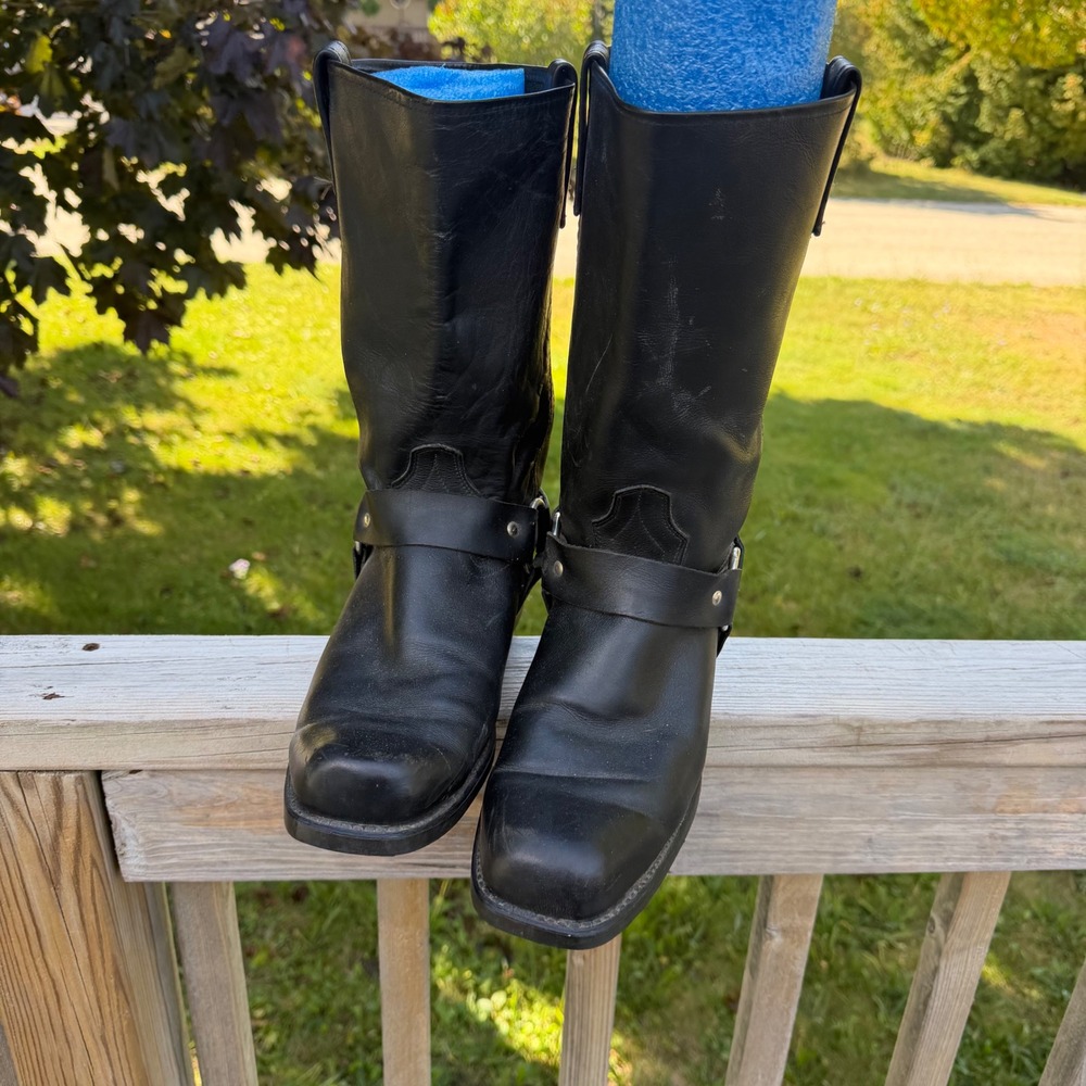 Vintage Black Leather Harness Biker Boots Square Toe Vulcan Sole Mens 11 D